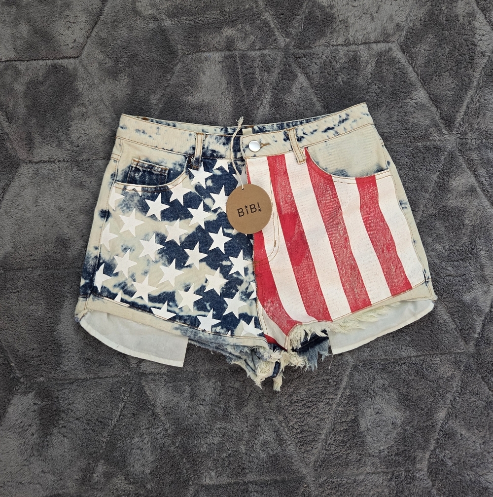 BiBi Patriotic American Flag Denim Shorts - Red, White & Blue Western Boho Small